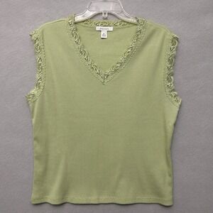 VTG Dressbarn Tank Top Women's XL Green Rib Knit Lace Trim Y2K Girlhood Preppy